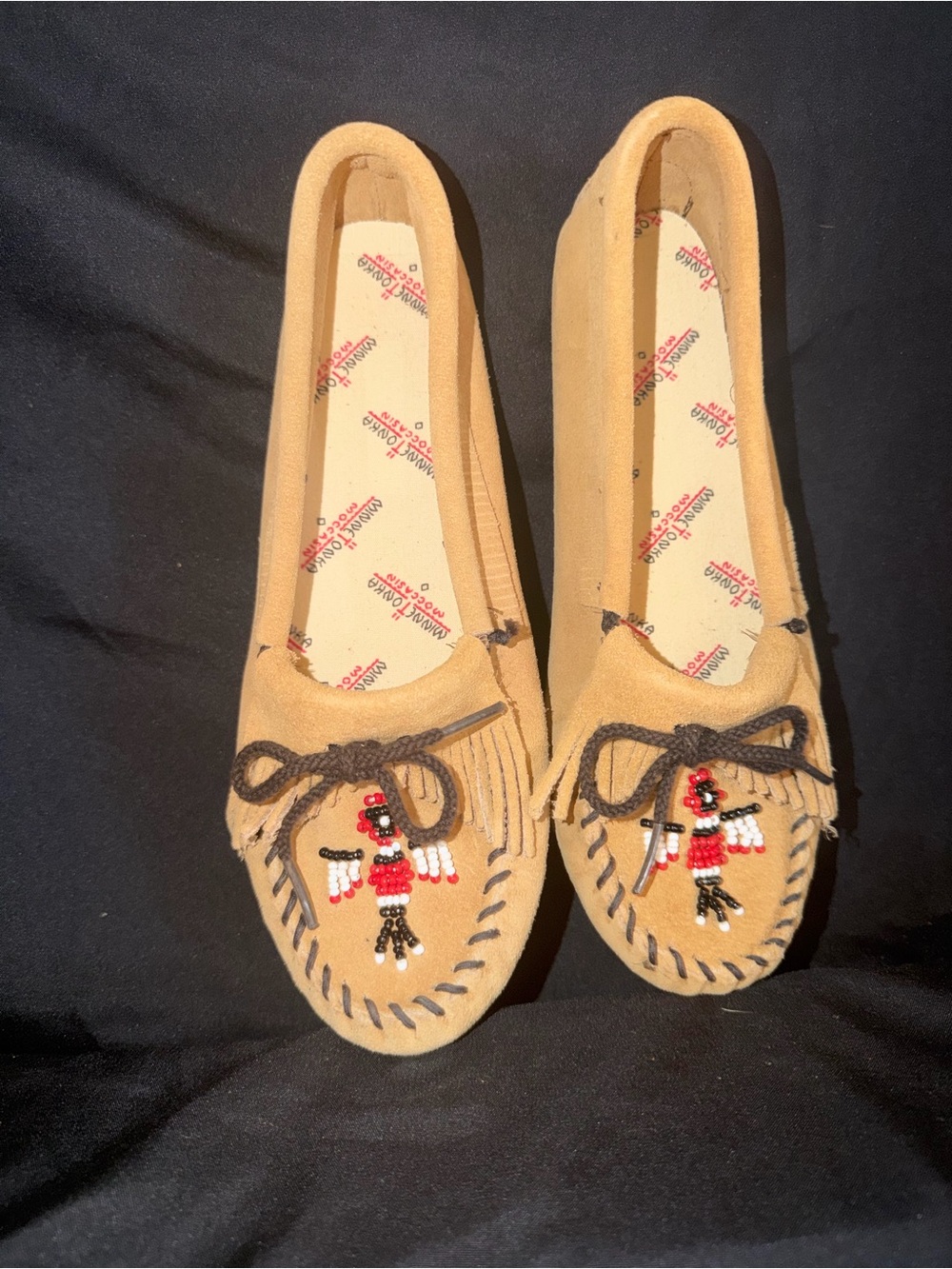 Minnetonka Tan Beaded Moccasin Slip-Ons